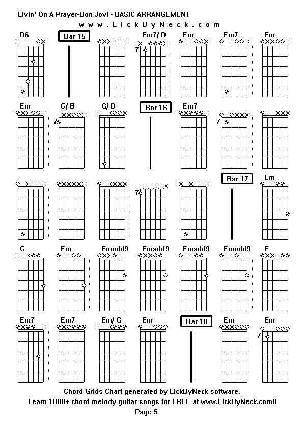 Chord Grids Chart of chord melody fingerstyle guitar song-Livin' On A Prayer-Bon Jovi - BASIC ARRANGEMENT,generated by LickByNeck software.